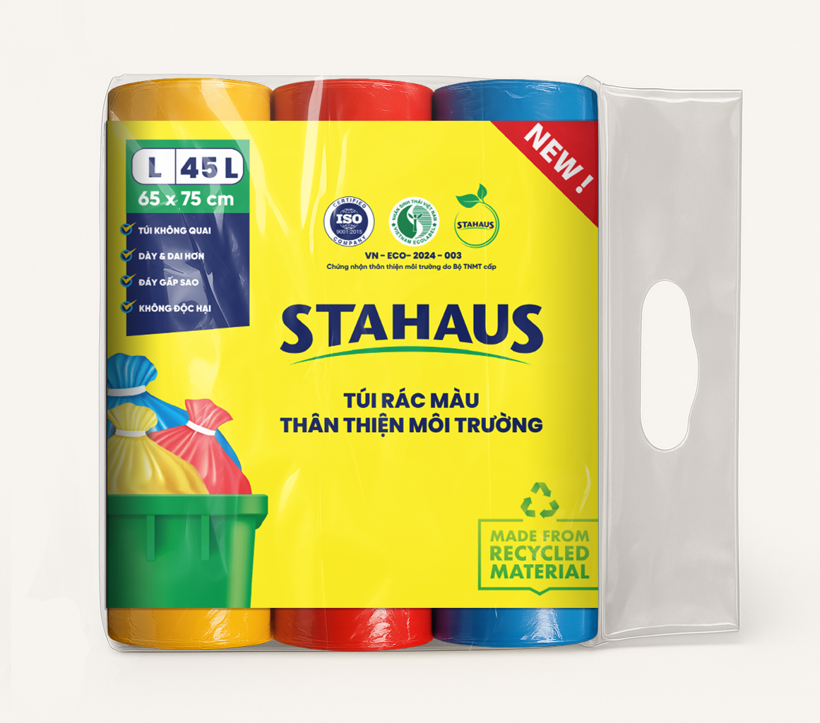 Túi rác TTMT Stahaus (xanh, hồng, vàng) size L 65x75cm (45L) 3 cuộn/ 1kg